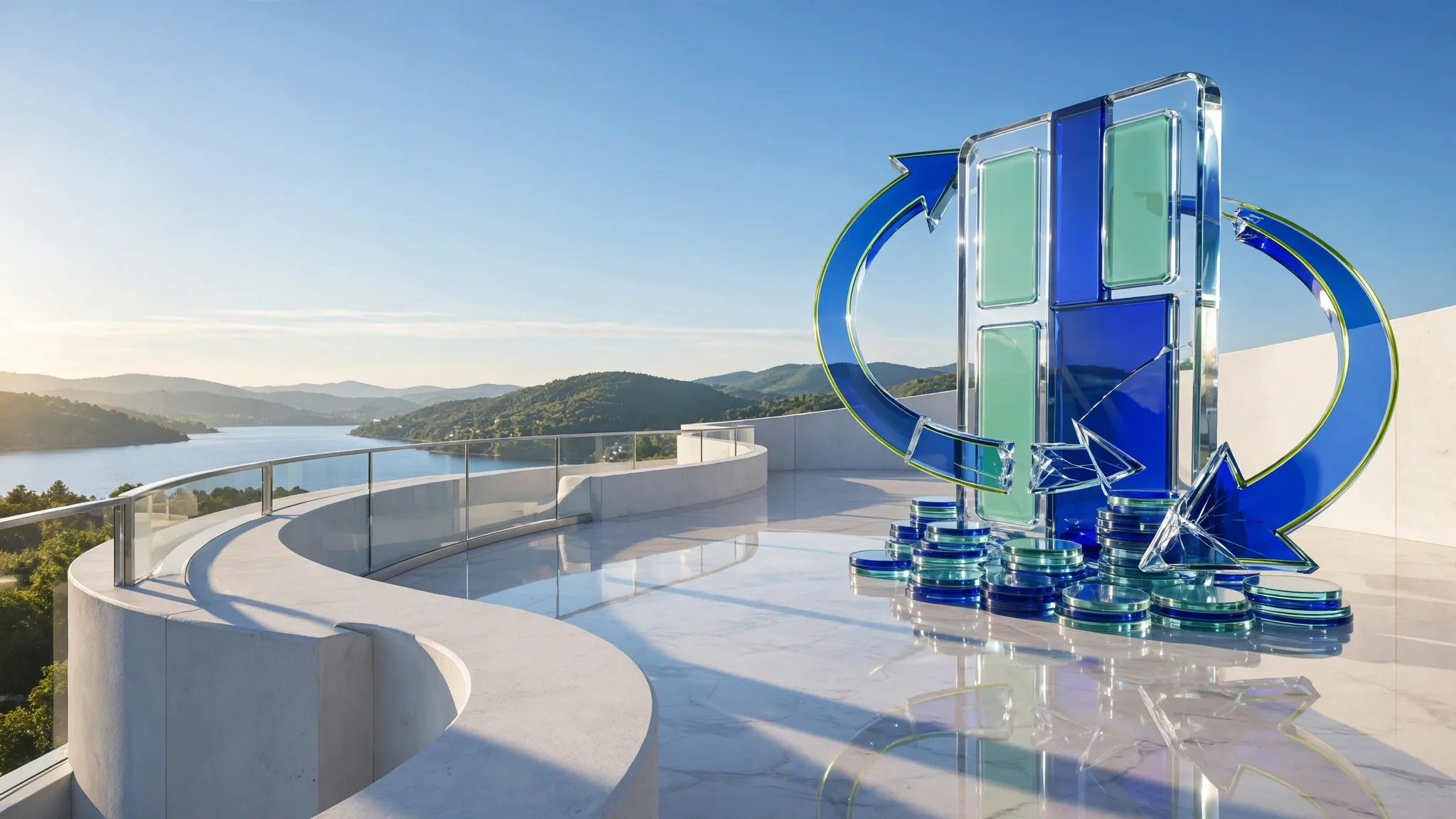 Translucent cobalt, lime and mint glass sculpture of a credit card and coin stacks on a sunny white terrace above a calm blue bay under a clear sky