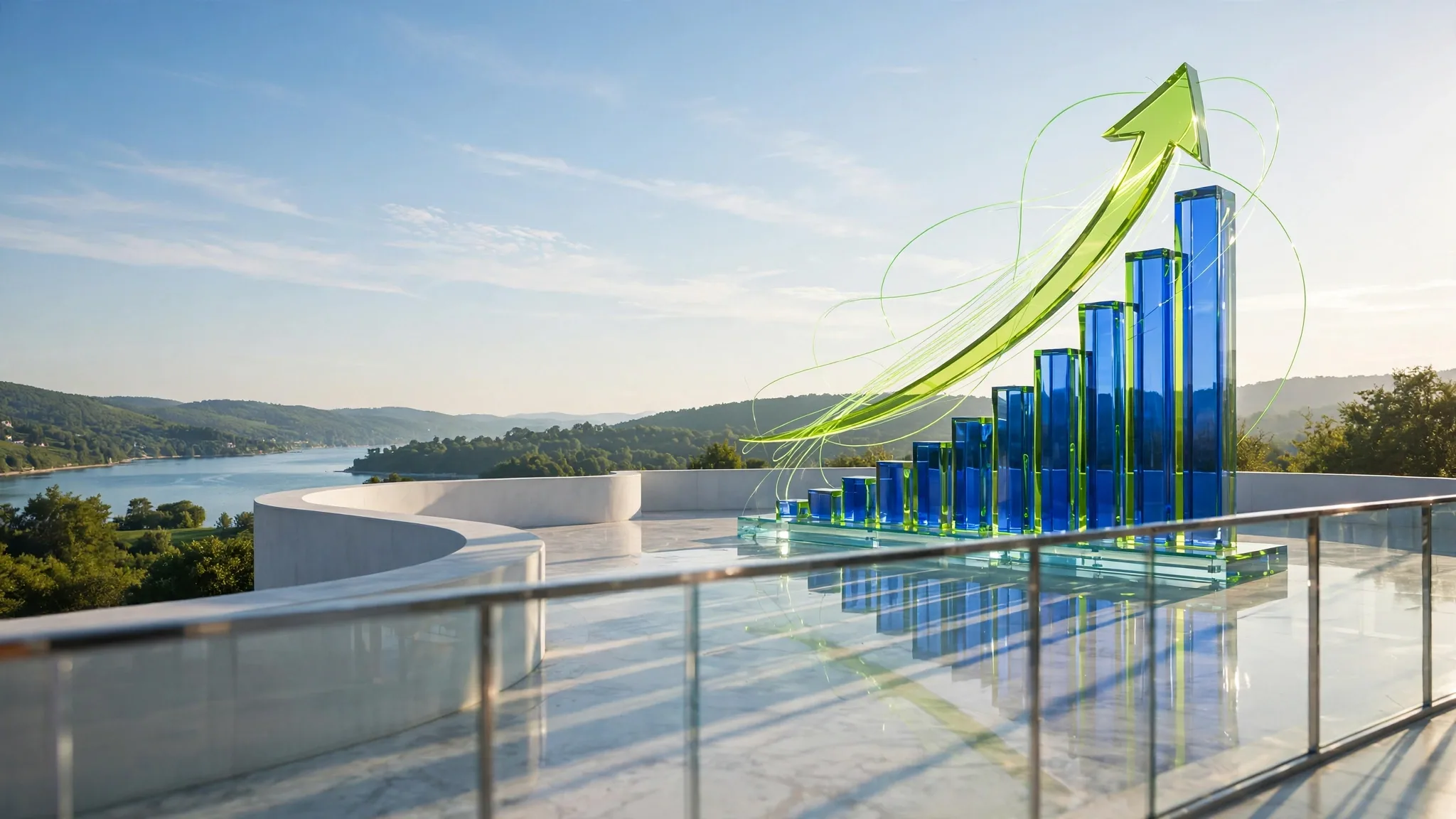 Translucent blue and lime glass sculpture on a sunlit white concrete terrace above a bay, illustrating investment management