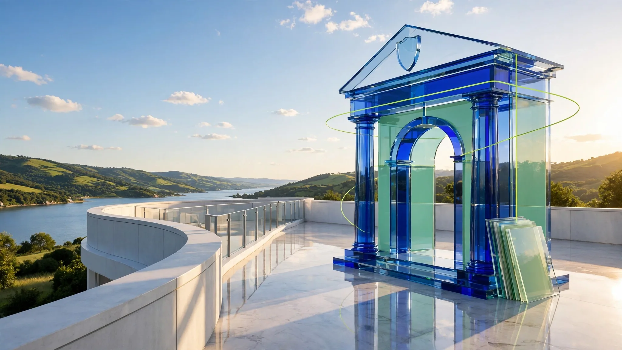 Translucent glass sculpture of a classical portico with columns and steps catches bright sunlight on a white concrete terrace above a calm blue bay