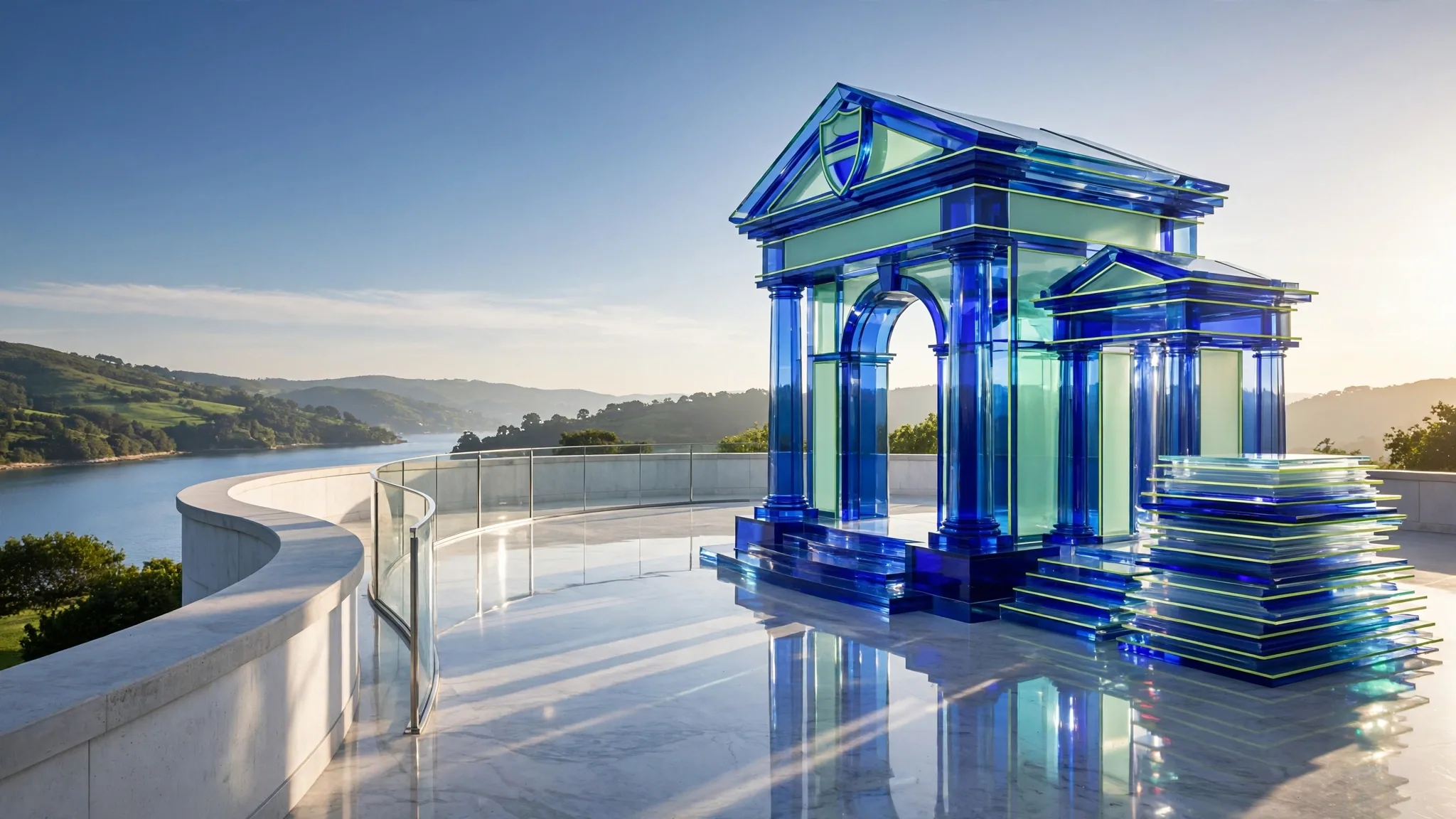 Translucent cobalt and lime glass portico with columns and steps stands on a sunny white concrete terrace above a bay under a clear blue sky