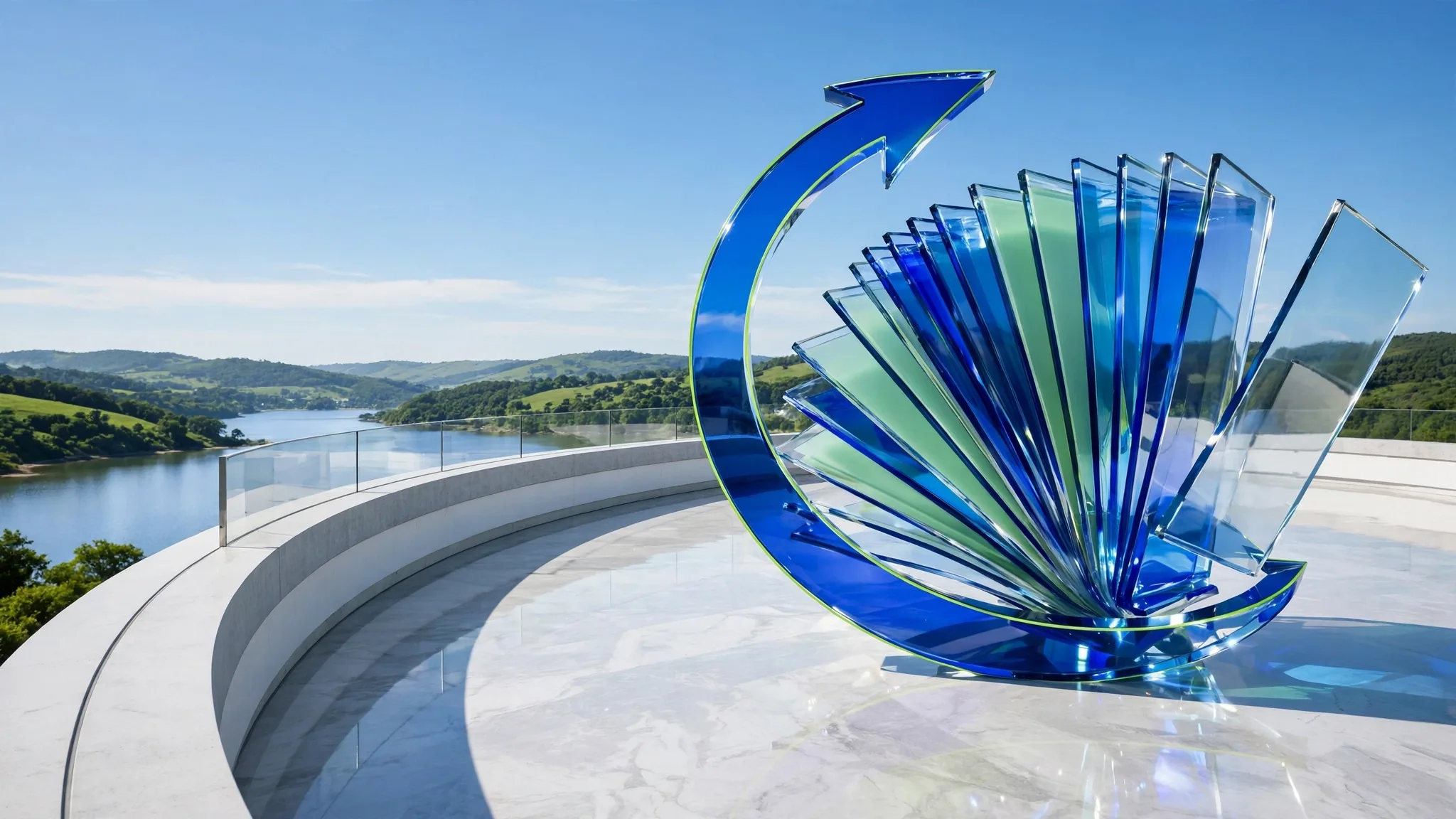 Translucent cobalt, royal blue, lime and mint glass sculpture of fanned pages and a curving arrow stands on a sunlit white concrete terrace above a calm blue bay under clear sky