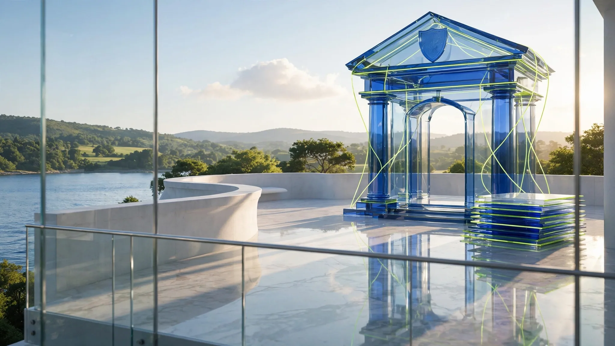 Translucent glass portico with columns and steps stands on a sunny white terrace above a bay, its sculpted colours glowing under a clear blue sky