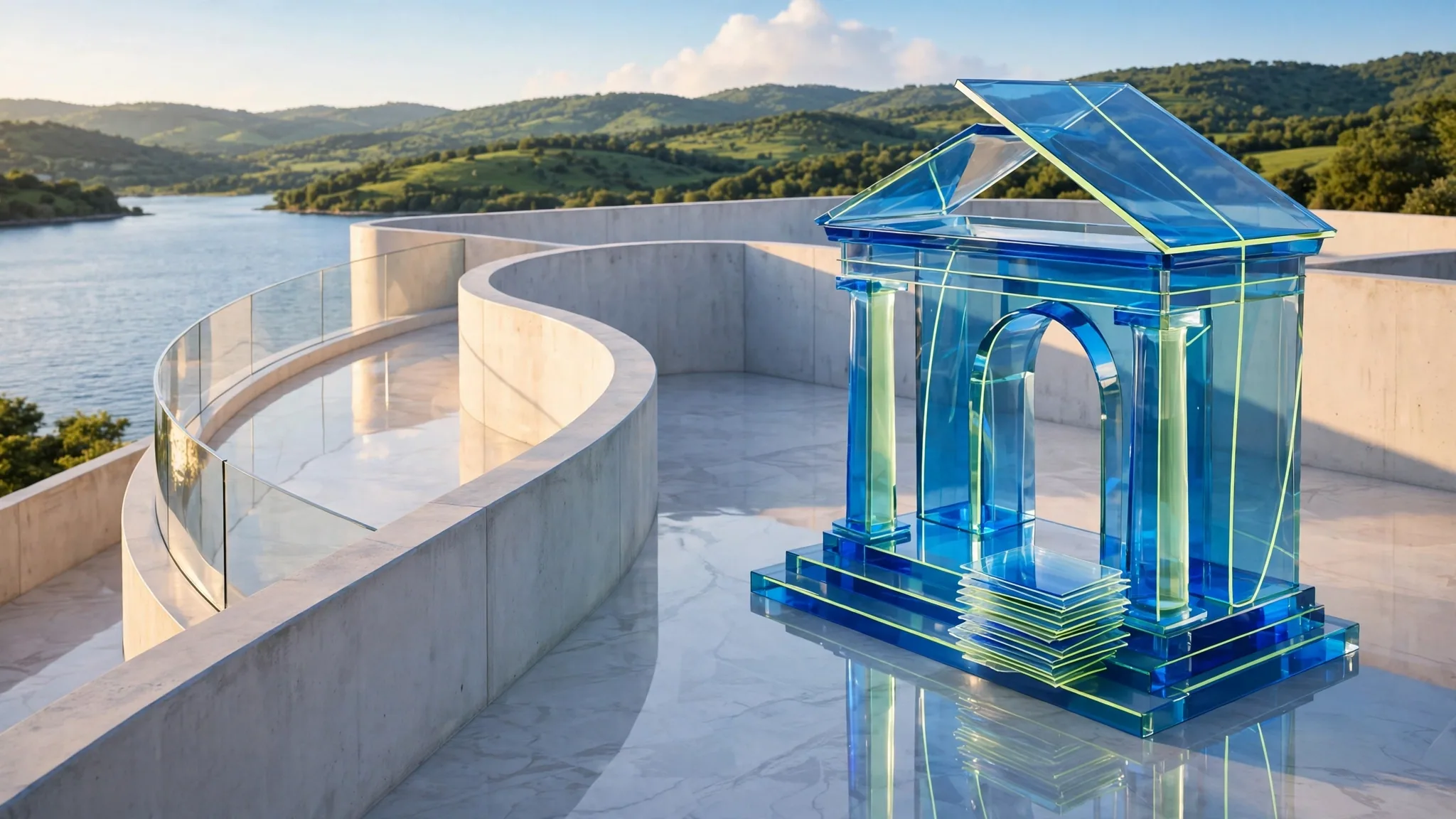 Translucent glass portico with two columns and front steps stands on a sunny white terrace above a calm blue bay under a clear sky