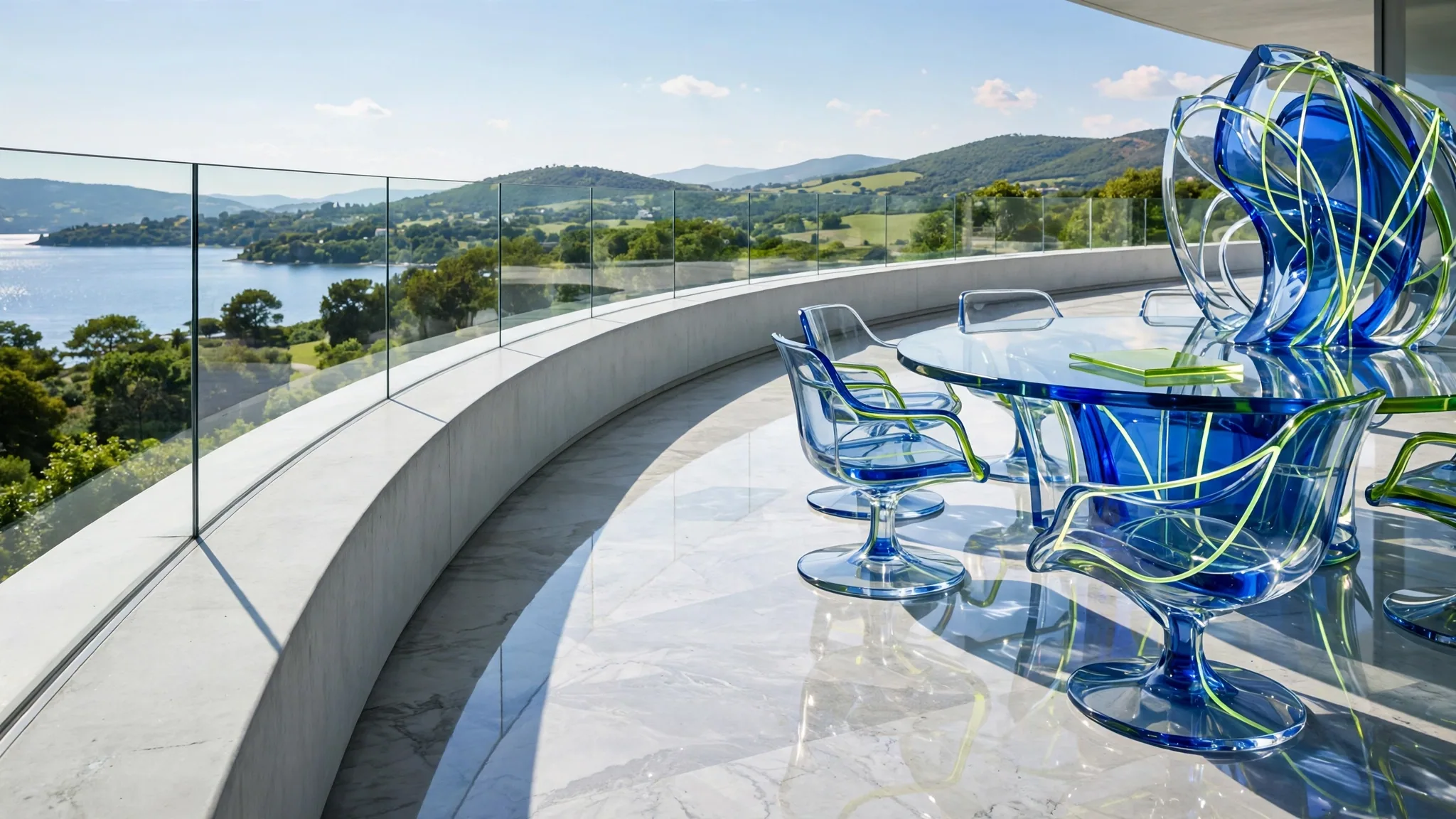 Translucent cobalt and lime glass boardroom table with empty swivel chairs on a sunny white concrete terrace above a blue bay and clear sky