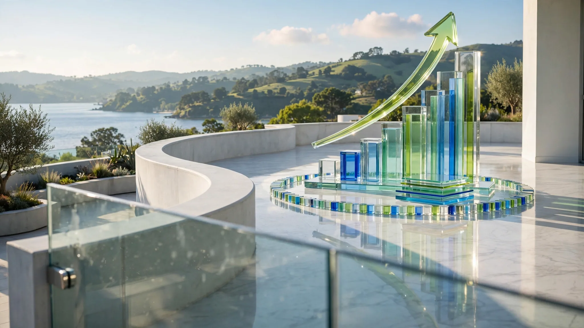 Translucent cobalt, royal blue, lime and mint glass sculpture of a rising bar chart with a lime arrow sweeping over it, on a white concrete terrace above a sunlit bay under a clear blue sky