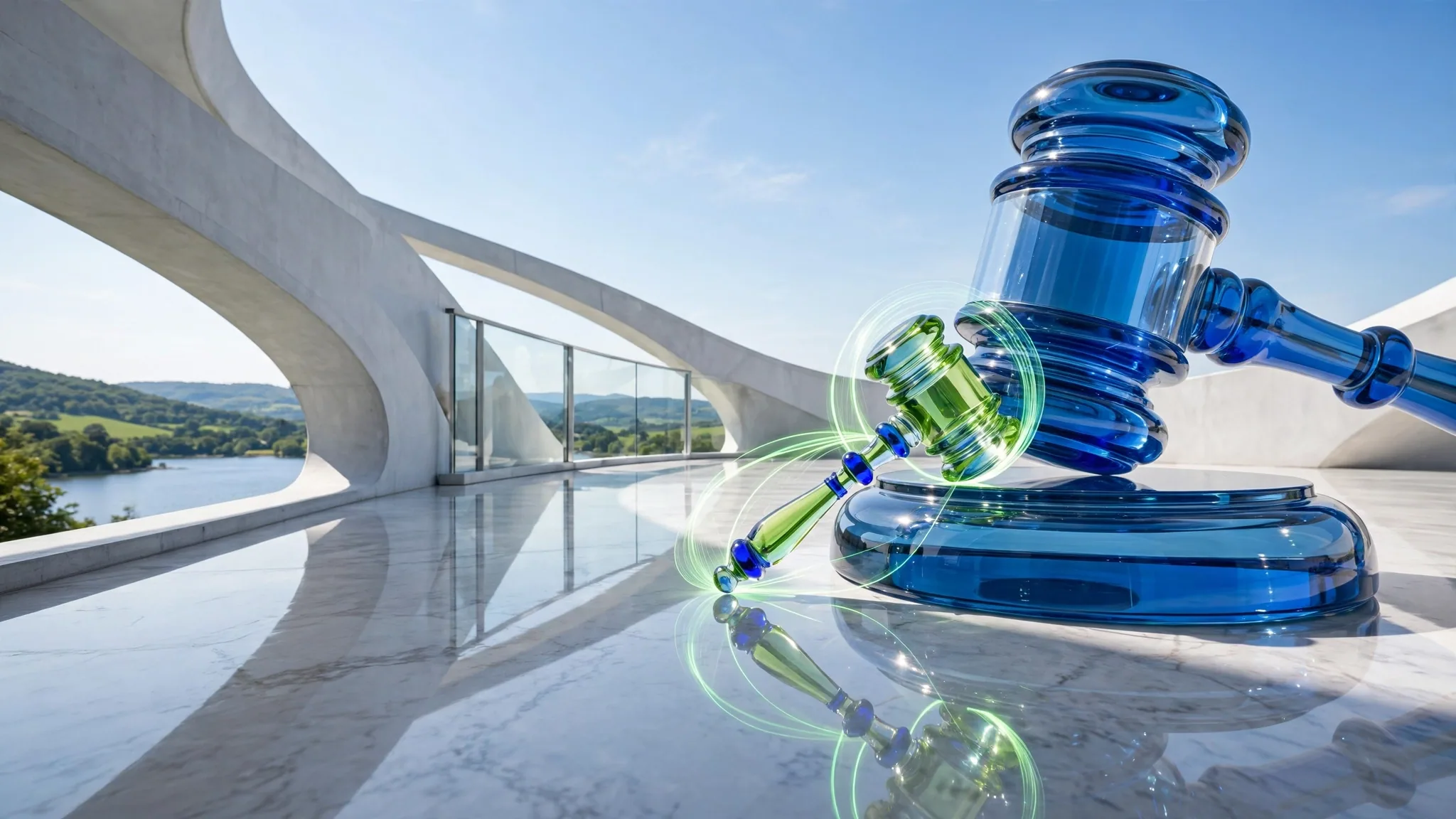 Translucent cobalt and lime glass sculpture of a gavel on a round sound block, set on a sunny white concrete terrace above a calm bay under a clear sky