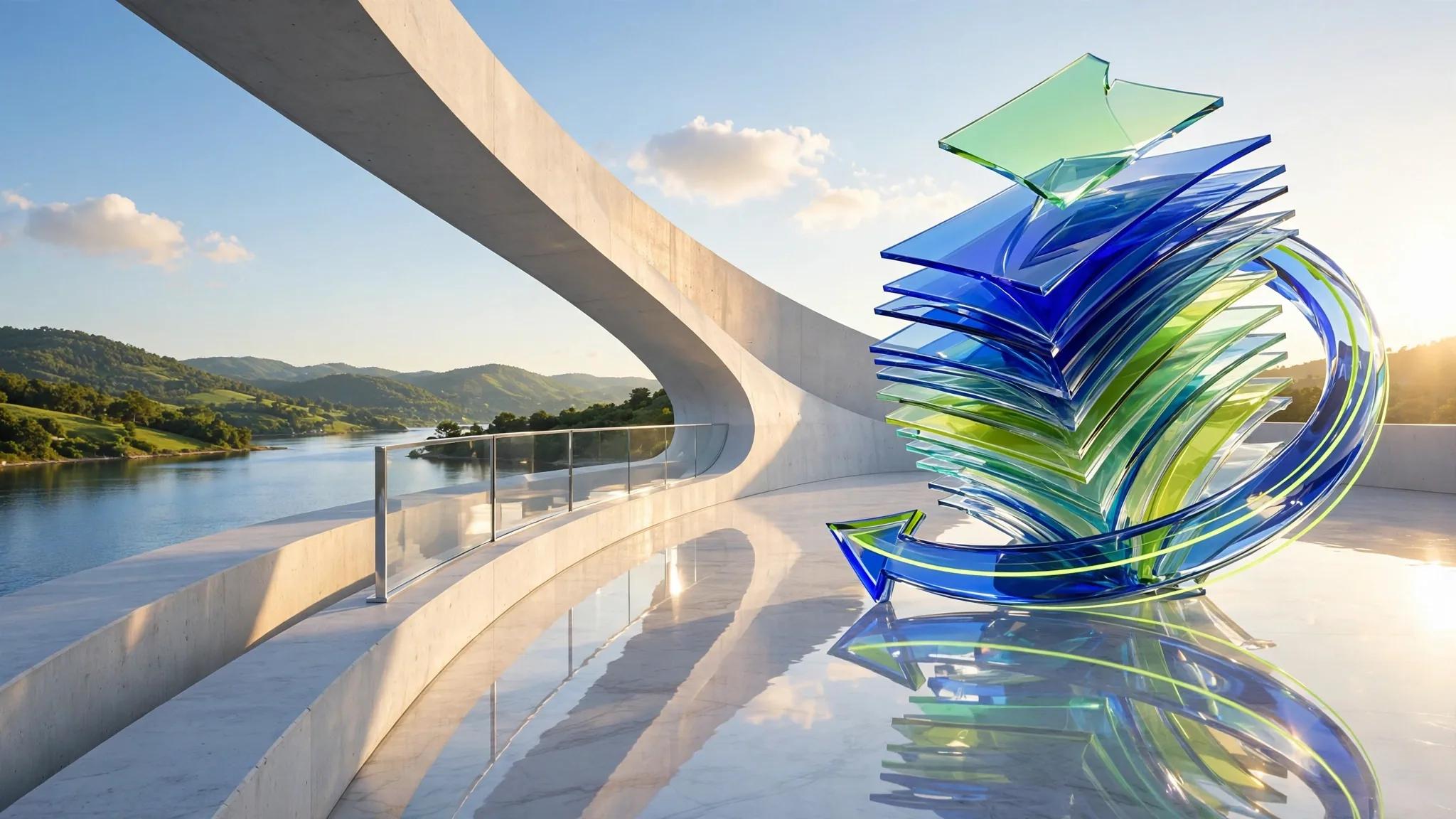 Translucent glass sculpture of fanned pages and a curving arrow sits on a sunny white concrete terrace above a bay under a bright blue sky