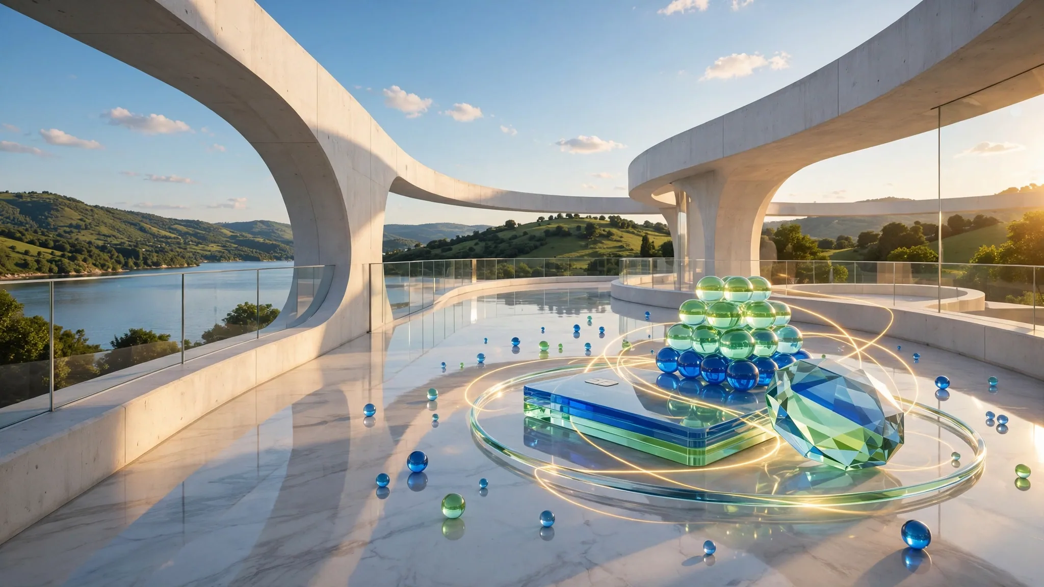 Translucent glass sculpture of a payment card and faceted coin on a sunny white concrete terrace above a bay, with blue sky beyond