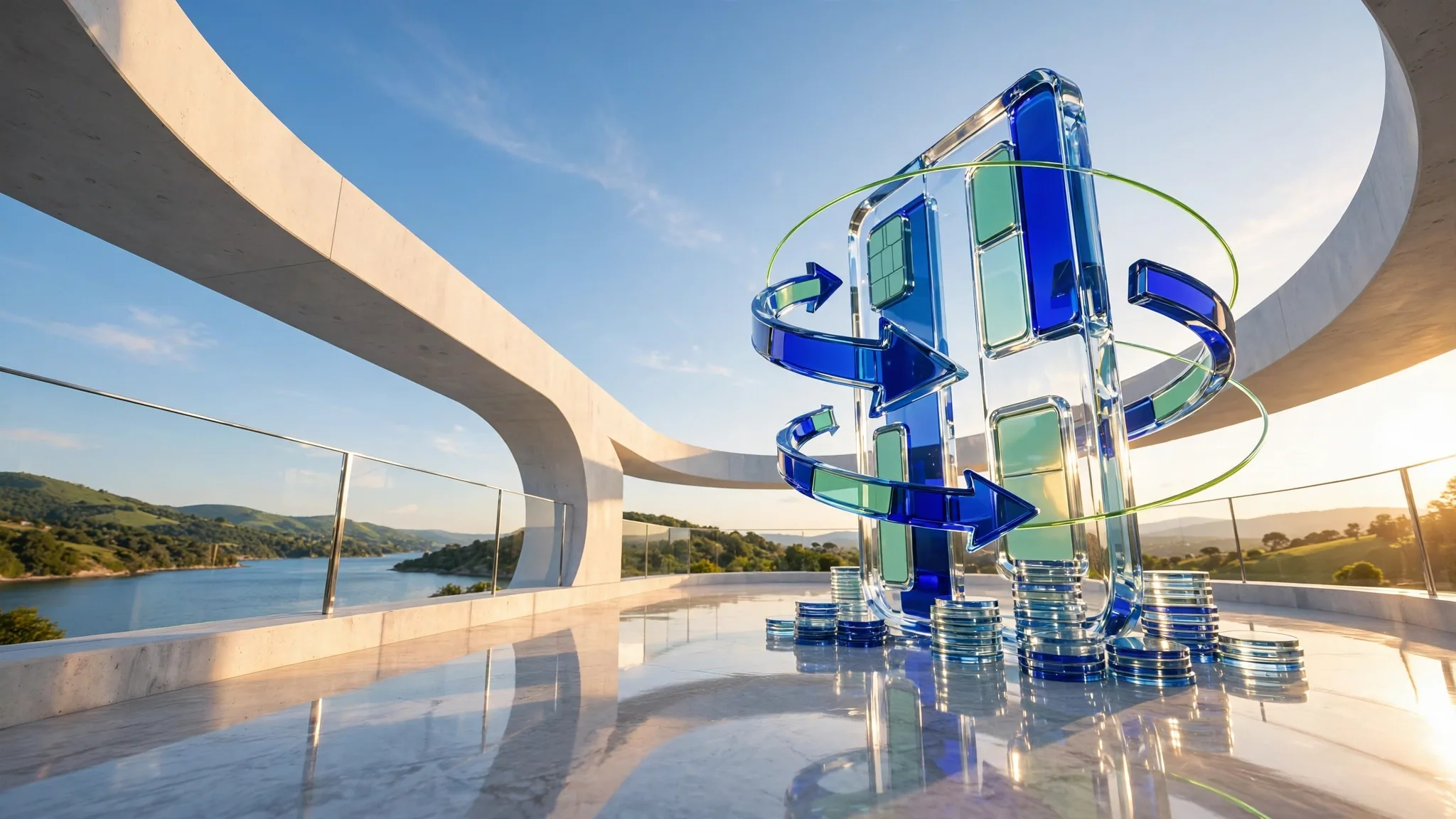 Translucent cobalt and lime glass sculpture on a sunny white concrete terrace, overlooking a calm bay under a clear blue sky