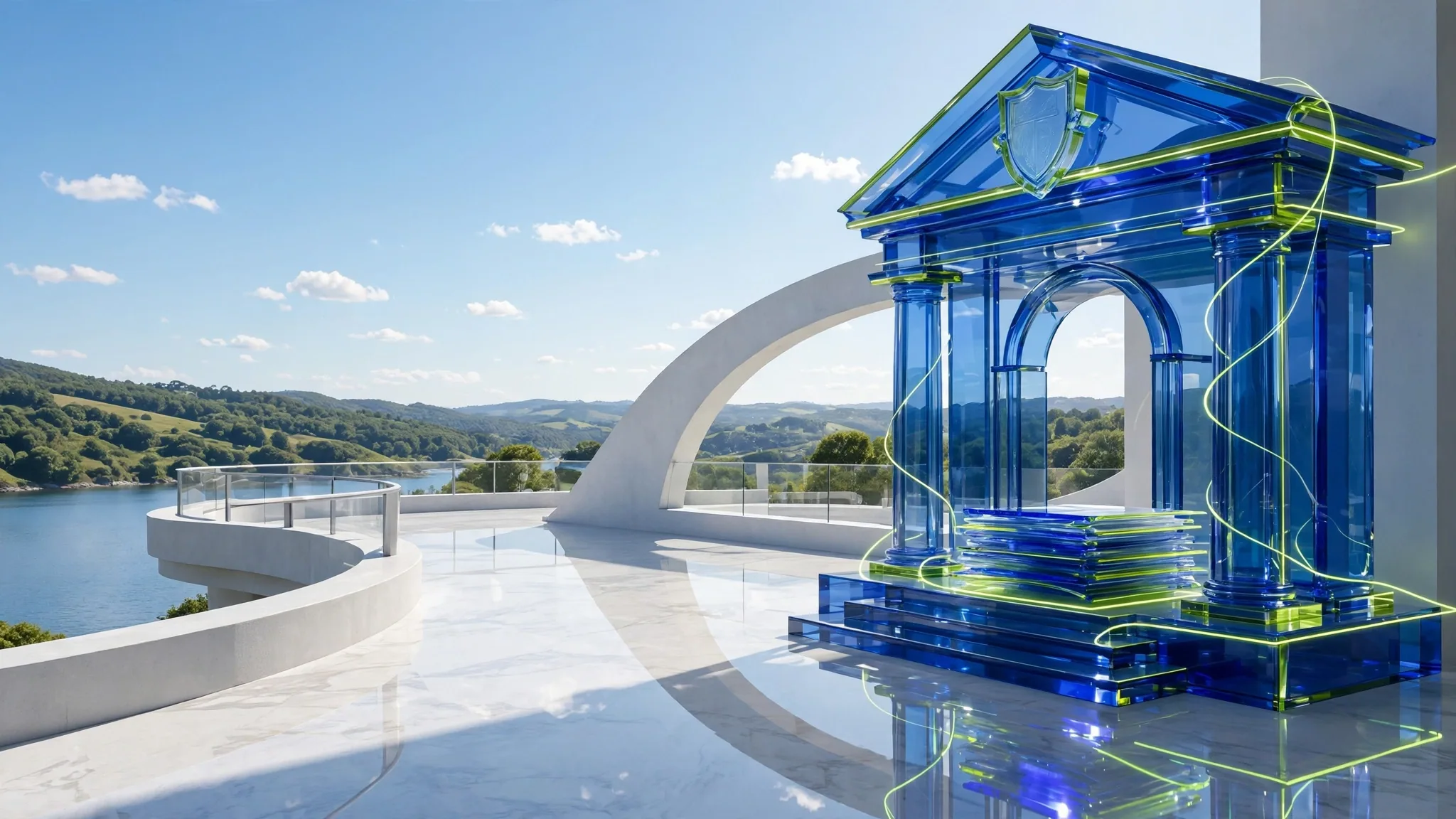 Translucent cobalt and lime glass sculpture of a classical portico with columns and steps, set on a sunny white concrete terrace above a calm blue bay under a clear sky