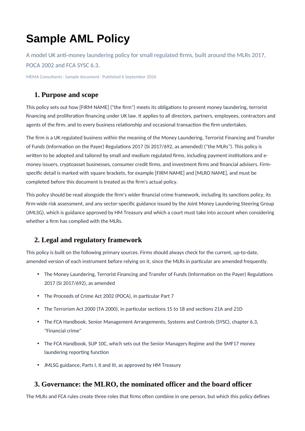 Sample AML Policy — Cover and policy status