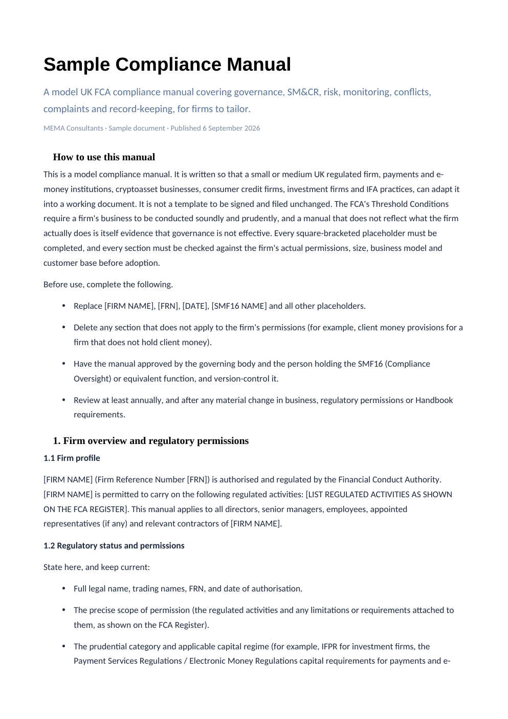Sample Compliance Manual — Cover and purpose